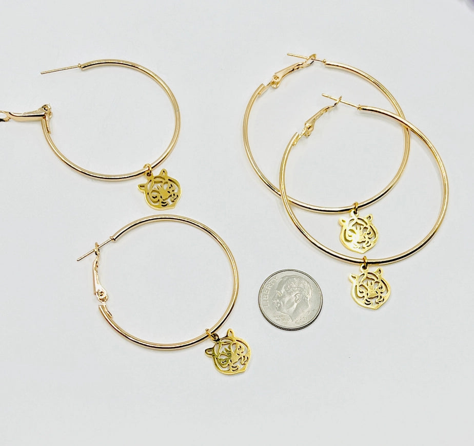 Gold Hoop Earrings with Tiger Charm