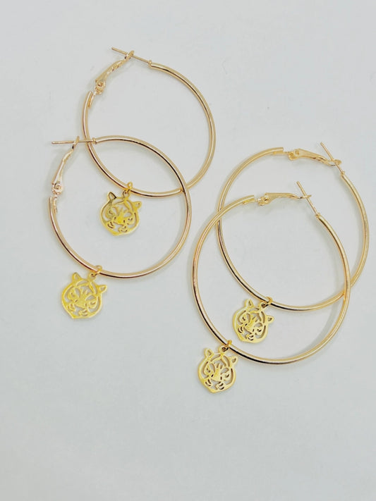 Gold Hoop Earrings with Tiger Charm